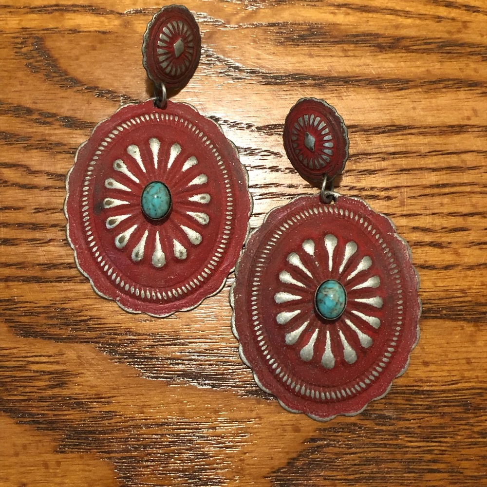 Red and Faux Turquoise Concho Earrings